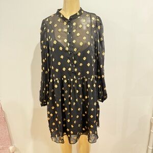 H&M Chiffon Dress Sz M Black Gold Dots Loose Button Front Long Sleeves